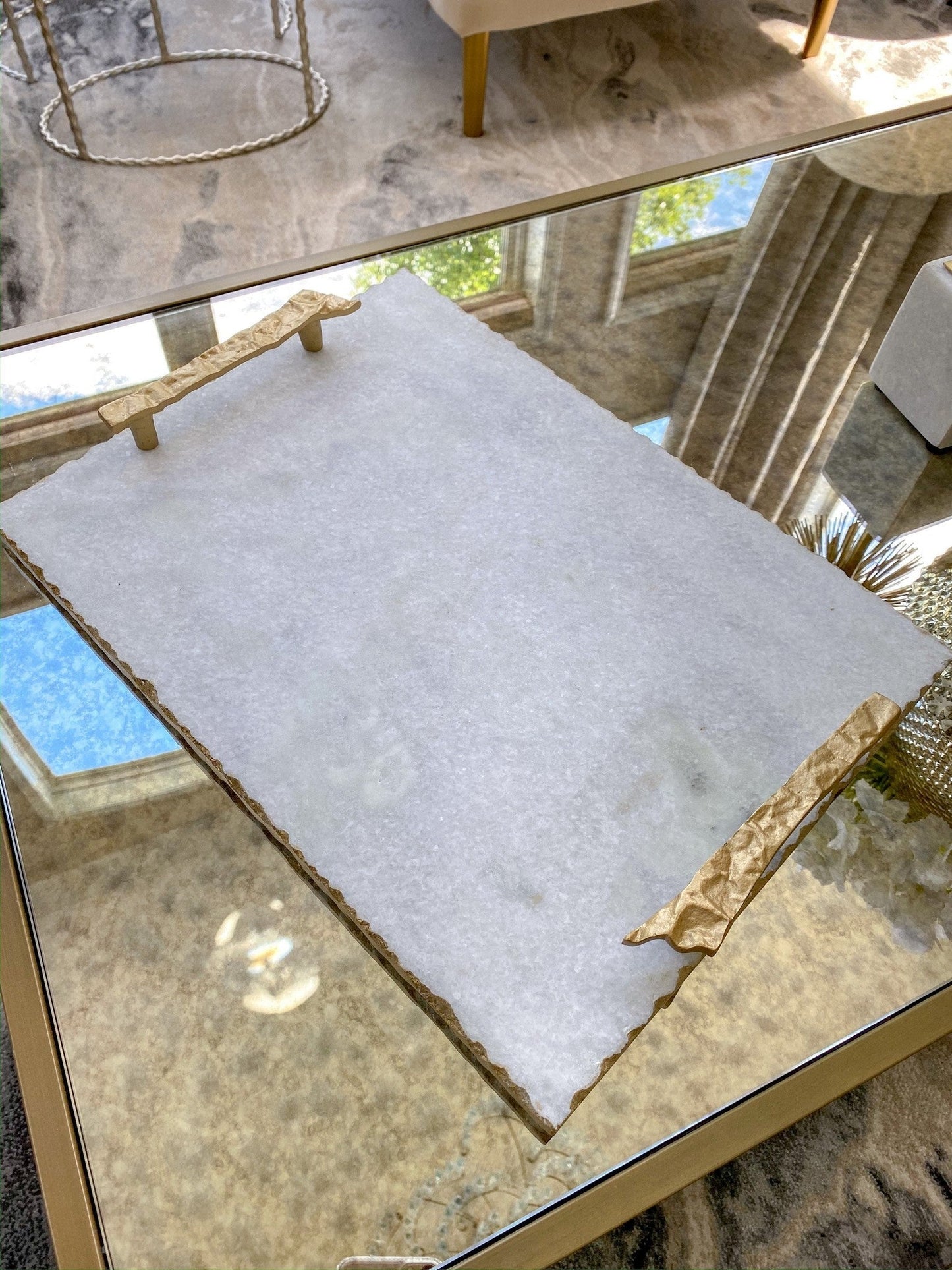 White Marble Tray with Gold Textured Handles and Edge and Knife