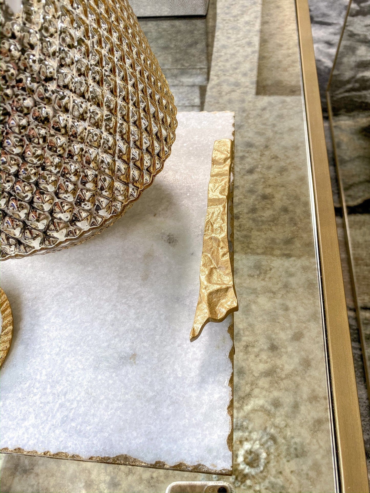 White Marble Tray with Gold Textured Handles and Edge and Knife