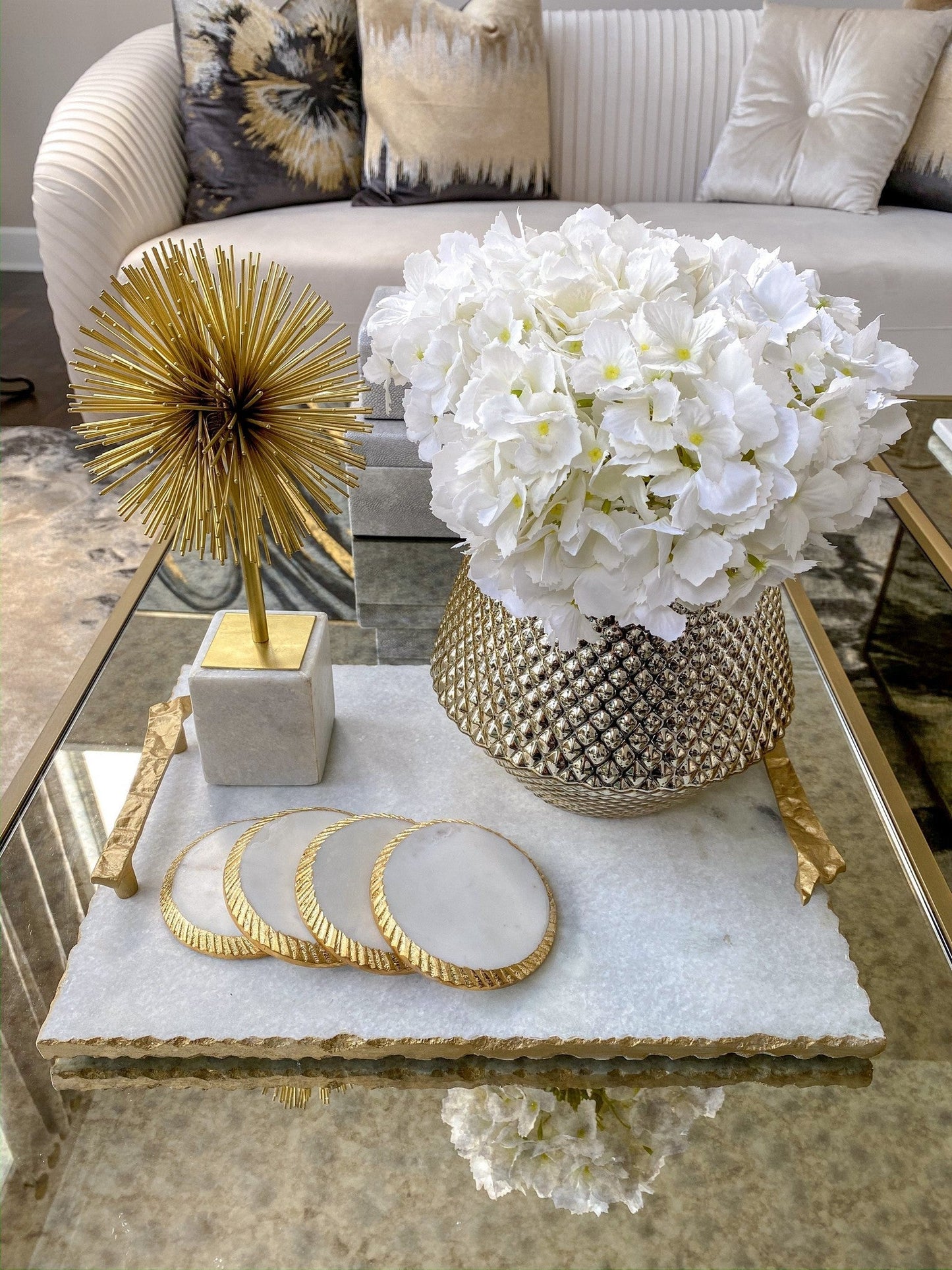 White Marble Tray with Gold Textured Handles and Edge and Knife