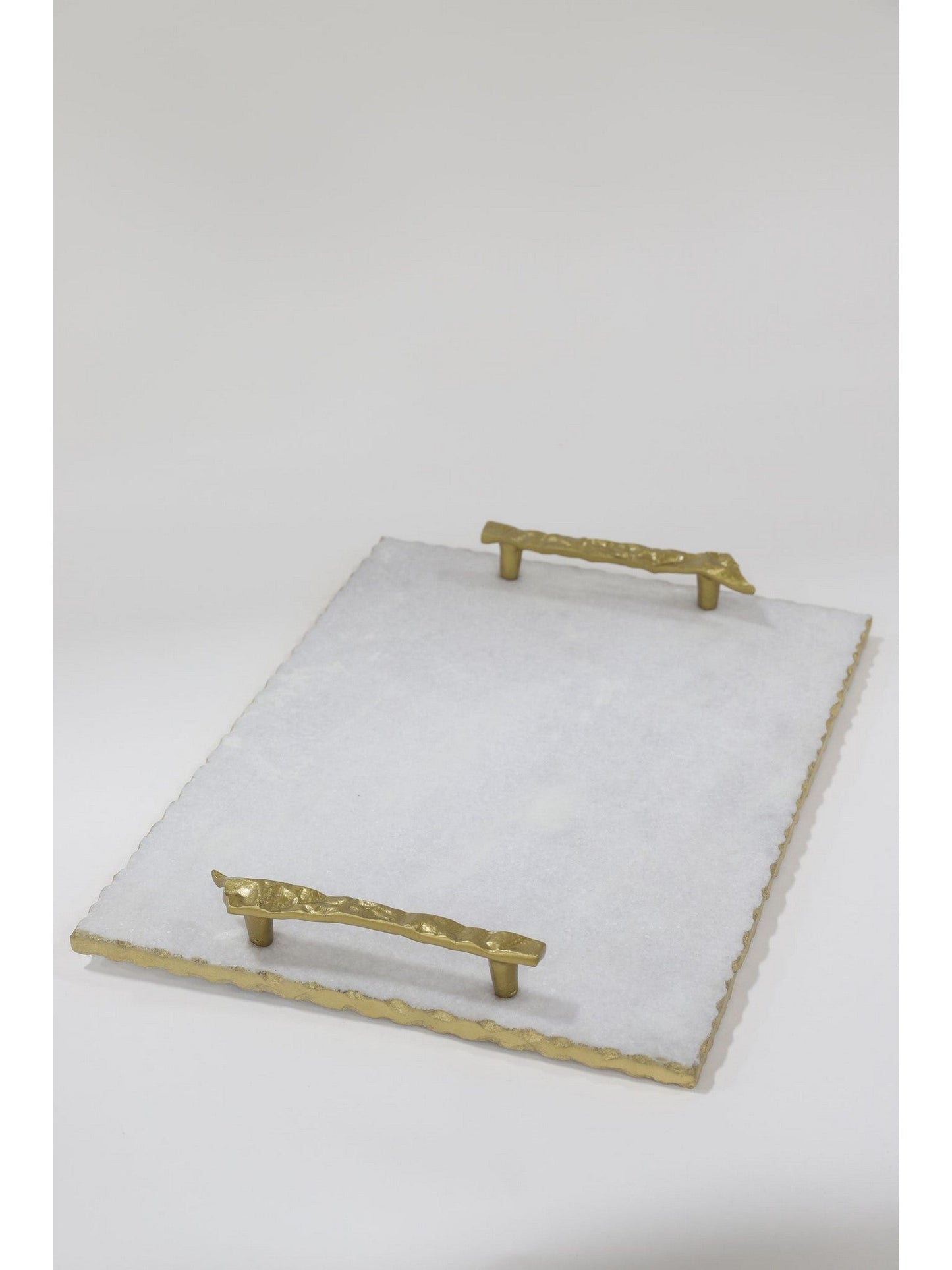 White Marble Tray with Gold Textured Handles and Edge and Knife