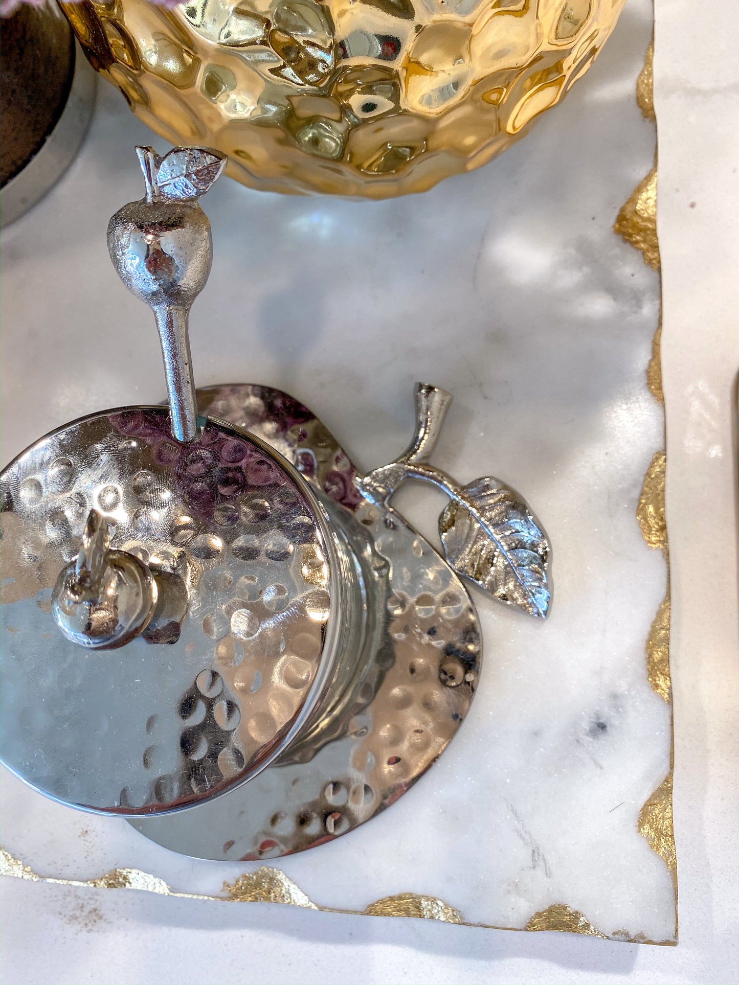 Glass Honey Dish with Silver Apple Tray, Lid, and Spoon