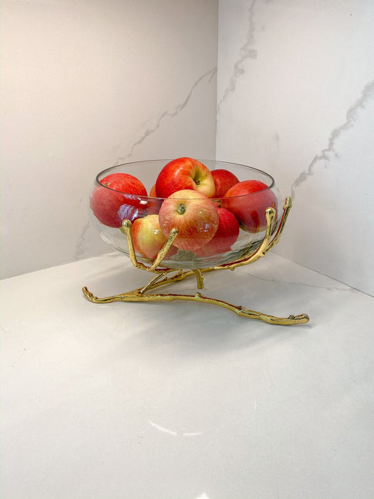 Large Glass Bowl w/ Metal Gold Branch Base