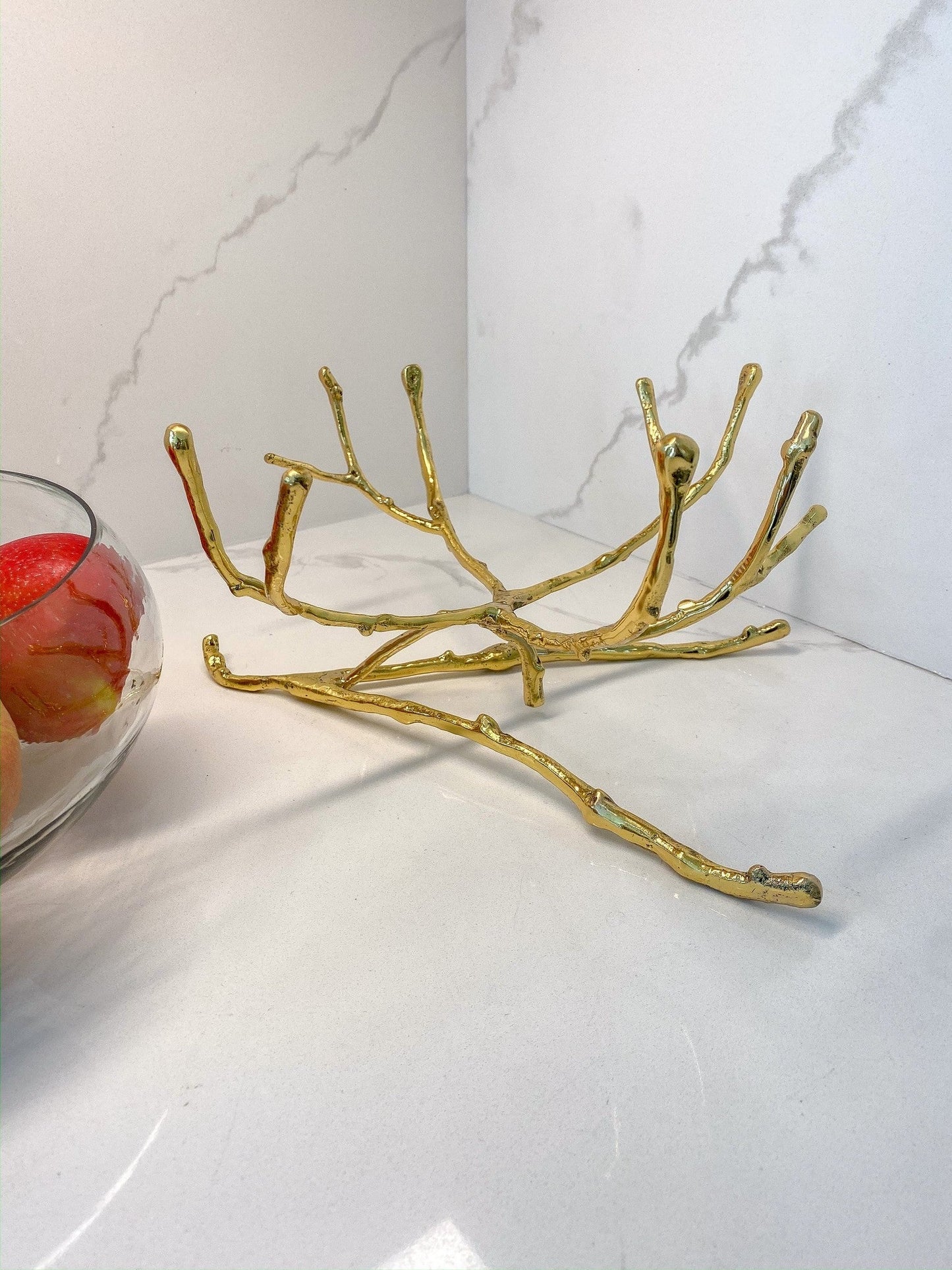 Large Glass Bowl w/ Metal Gold Branch Base