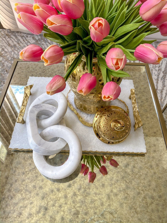 White Marble Tray with Gold Textured Handles and Edge and Knife