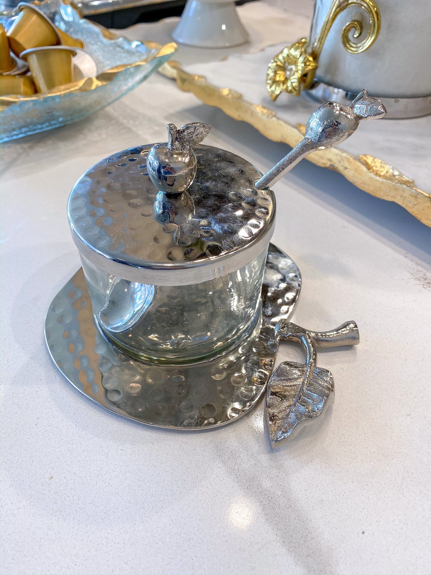 Glass Honey Dish with Silver Apple Tray, Lid, and Spoon