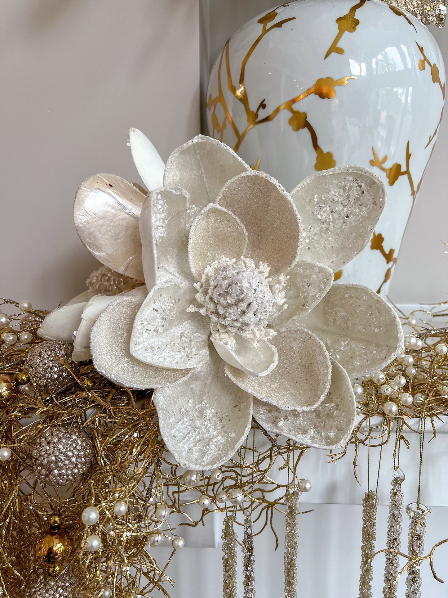 20" Large White Beaded Magnolia Stem