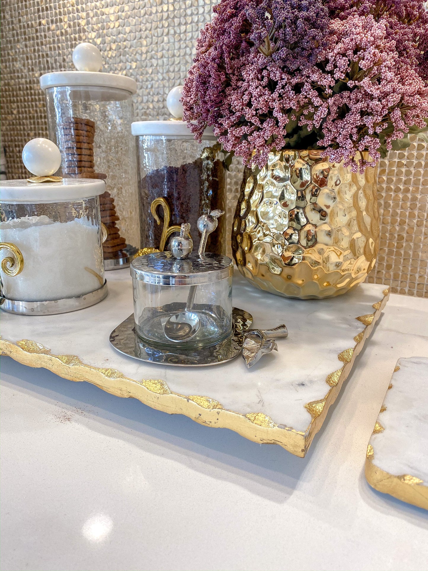 Glass Honey Dish with Silver Apple Tray, Lid, and Spoon