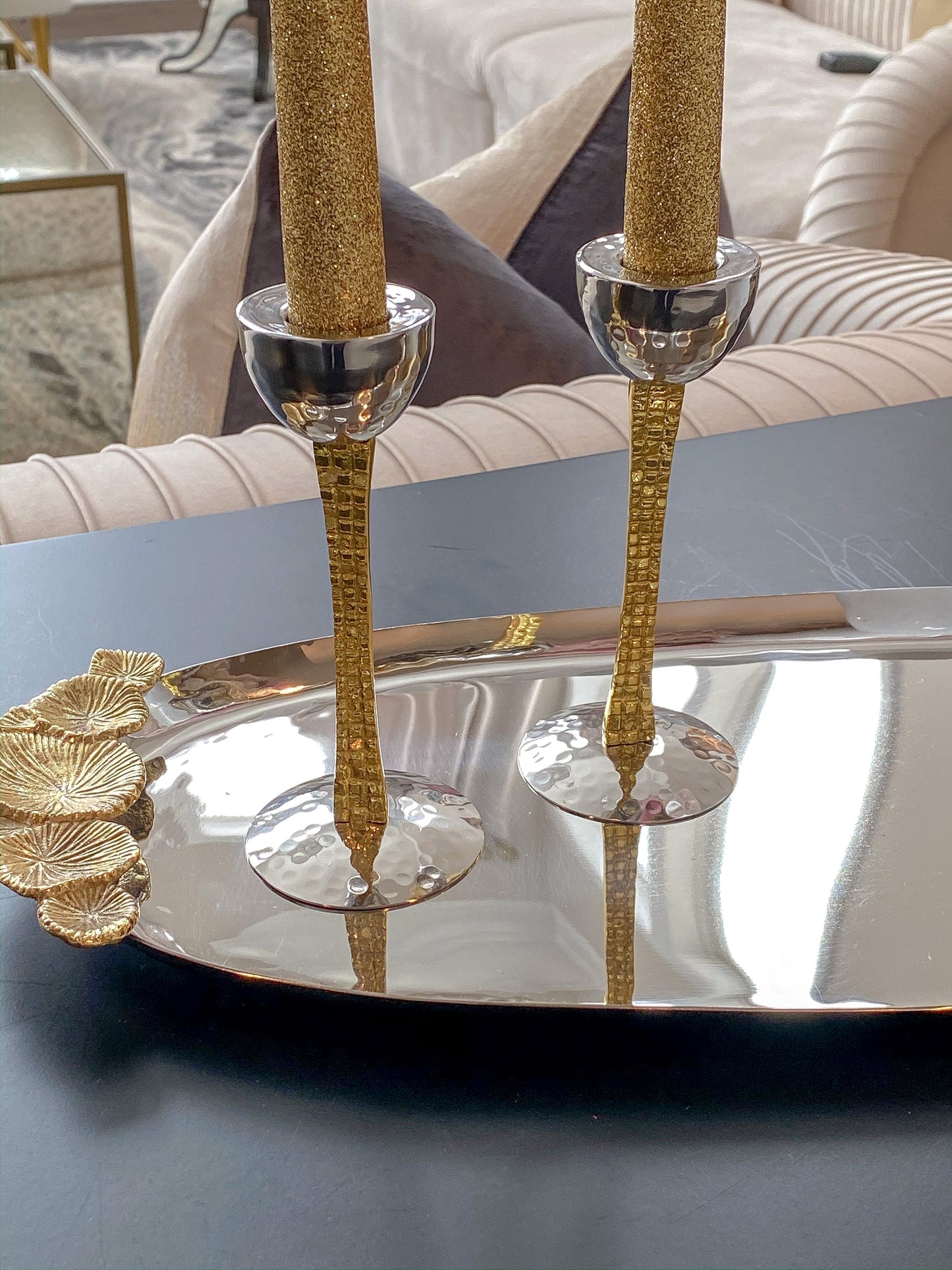 Set of 2 Silver and Gold Candle Holders with Mosaic Design