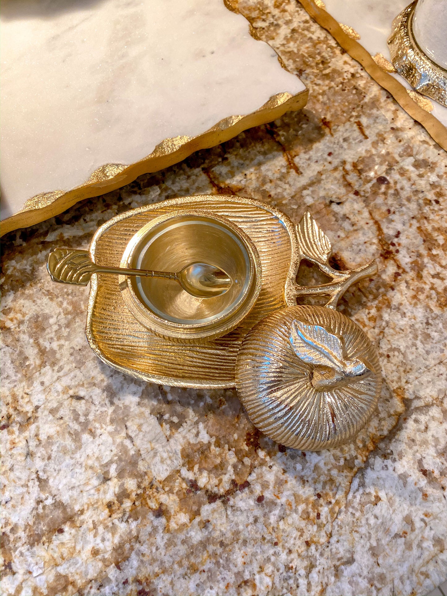 Gold Apple Honey Dish with Tray