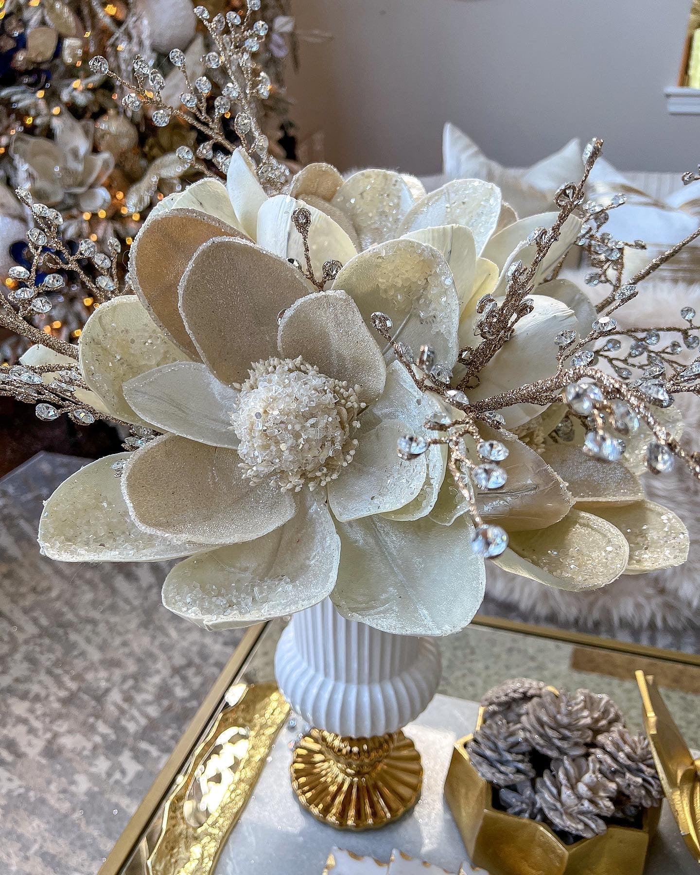 20" Large White Beaded Magnolia Stem