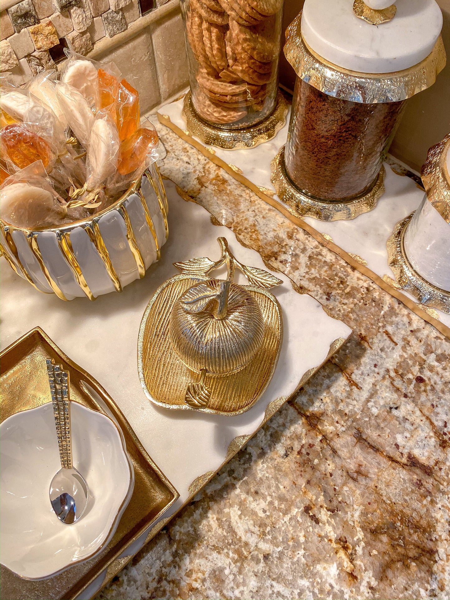 Gold Apple Honey Dish with Tray