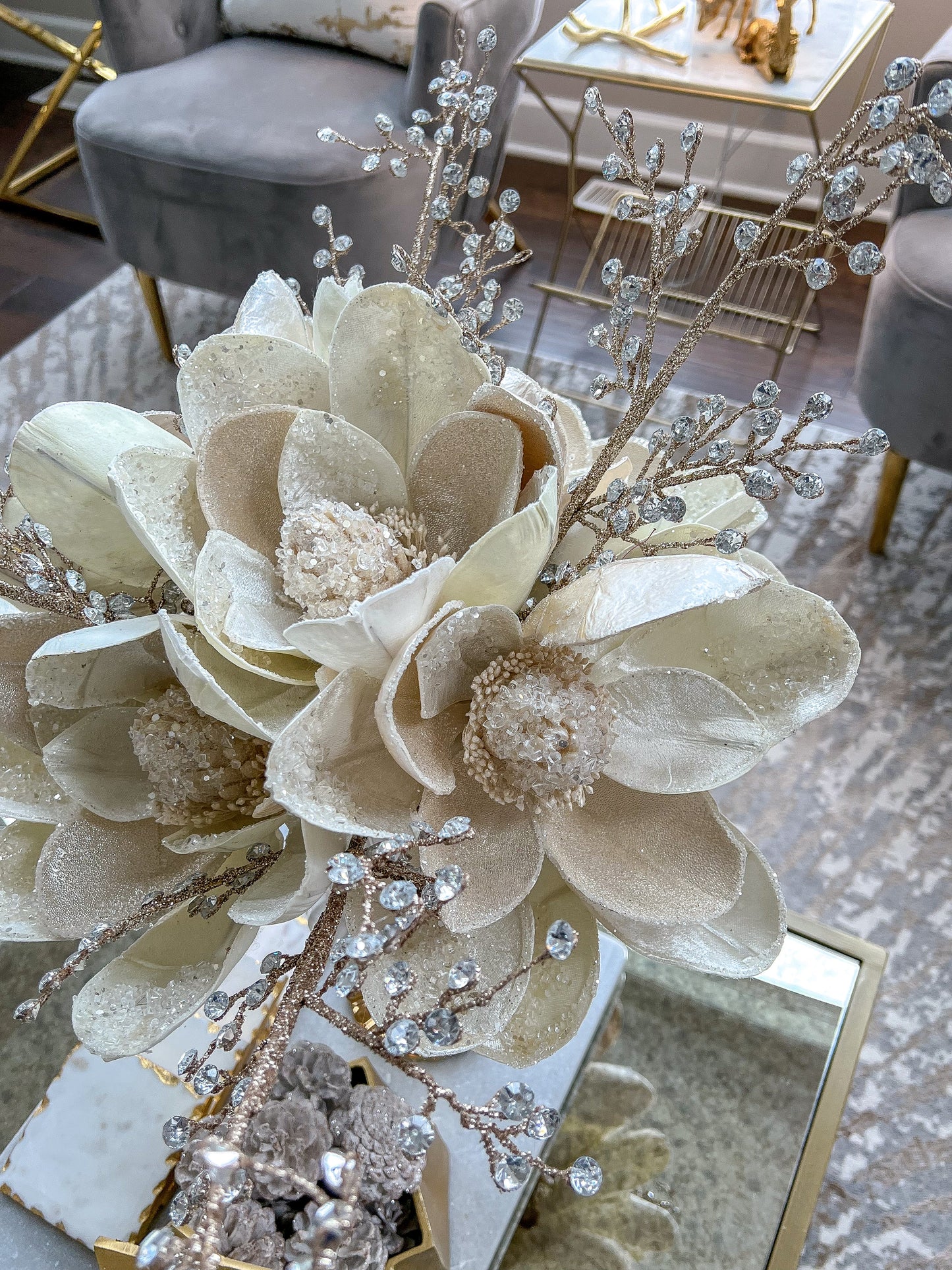 20" Large White Beaded Magnolia Stem