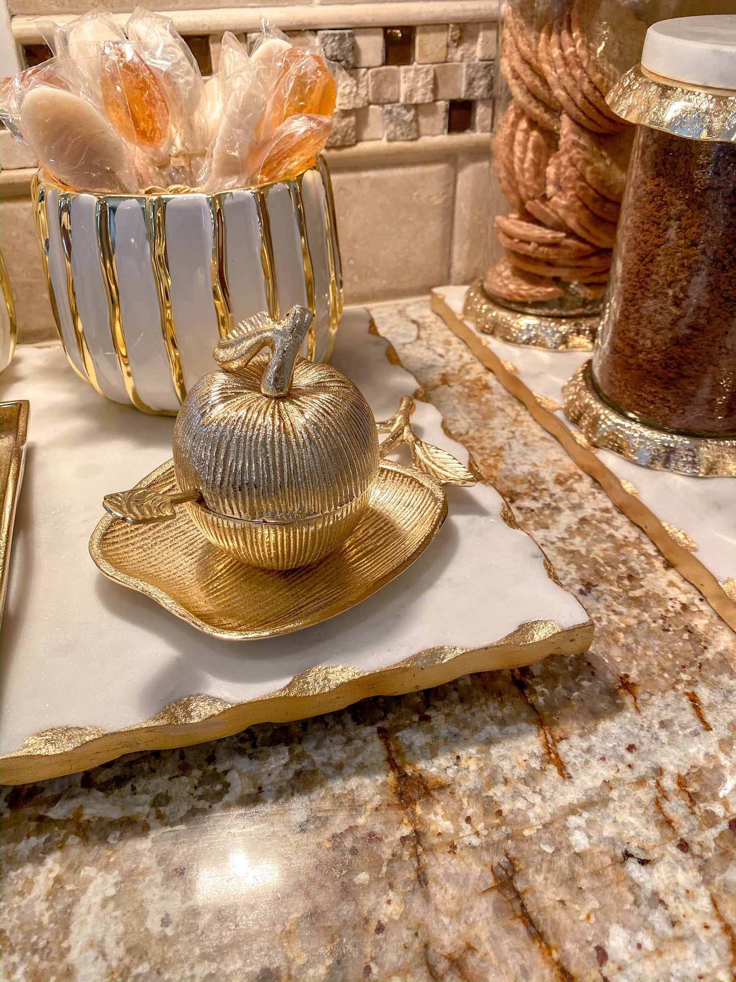 Gold Apple Honey Dish with Tray