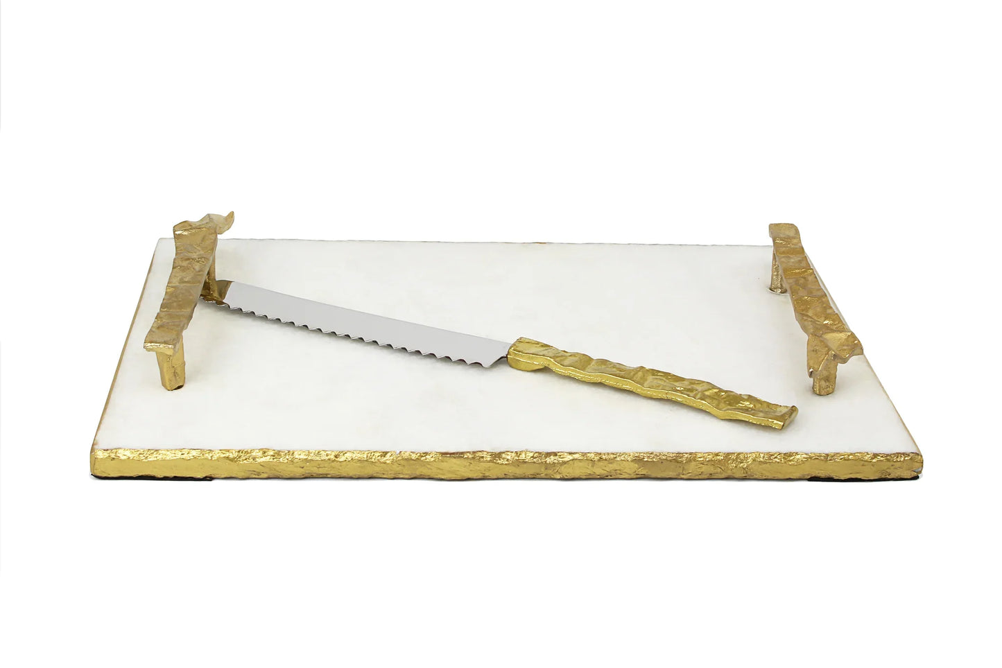 White Marble Tray with Gold Textured Handles and Edge and Knife